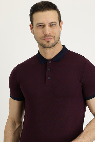  Açık Bordo Polo Yaka Slim Fit Dar Kesim Desenli Tişört