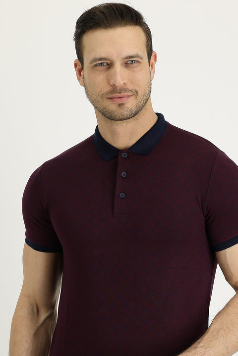 Açık Bordo Polo Yaka Slim Fit Dar Kesim Desenli Tişört