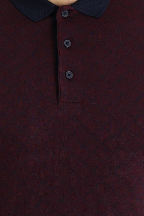 Açık Bordo Polo Yaka Slim Fit Dar Kesim Desenli Tişört