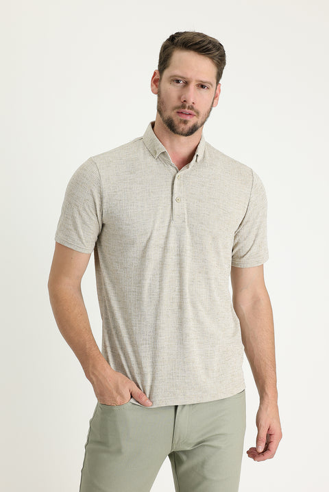 Orta Bej Polo Yaka Regular Fit Desenli Tişört