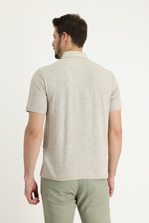 Orta Bej Polo Yaka Regular Fit Desenli Tişört