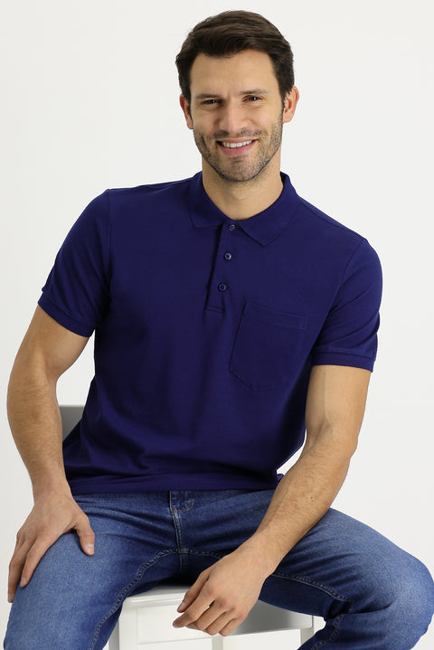 Orta Lacivert Polo Yaka Regular Fit Nakışlı Pamuk Tişört