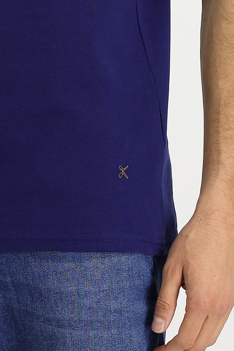 Orta Lacivert Polo Yaka Regular Fit Nakışlı Pamuk Tişört