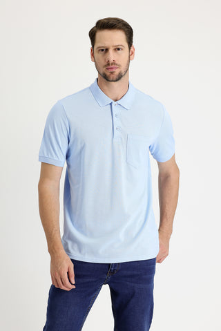  Uçuk Mavi Polo Yaka Regular Fit Nakışlı Pamuk Tişört