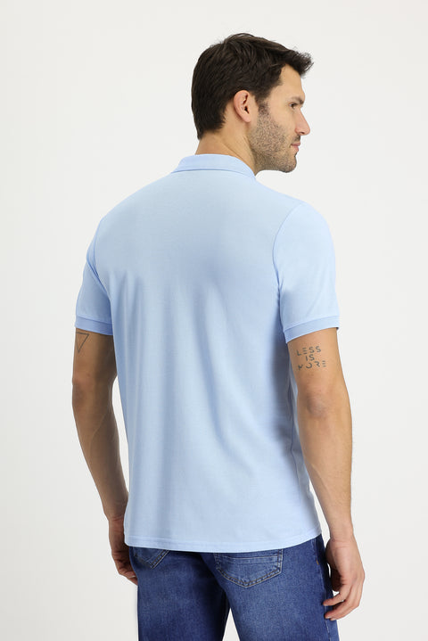 Uçuk Mavi Polo Yaka Regular Fit Nakışlı Pamuk Tişört