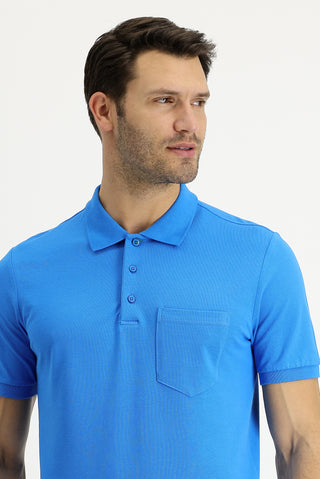  Su Mavisi Polo Yaka Regular Fit Nakışlı Pamuk Tişört