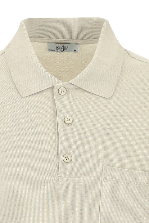 Orta Bej Polo Yaka Regular Fit Nakışlı Pamuk Tişört