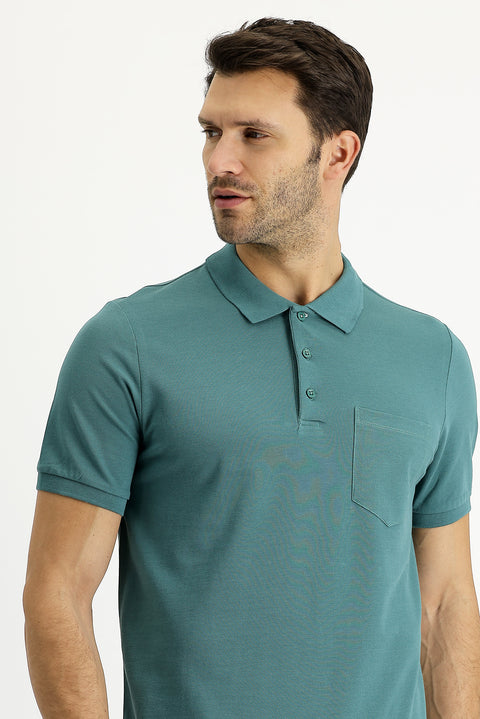 Küf Yeşili Polo Yaka Regular Fit Nakışlı Pamuk Tişört