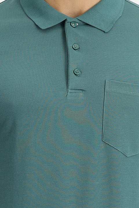 Küf Yeşili Polo Yaka Regular Fit Nakışlı Pamuk Tişört