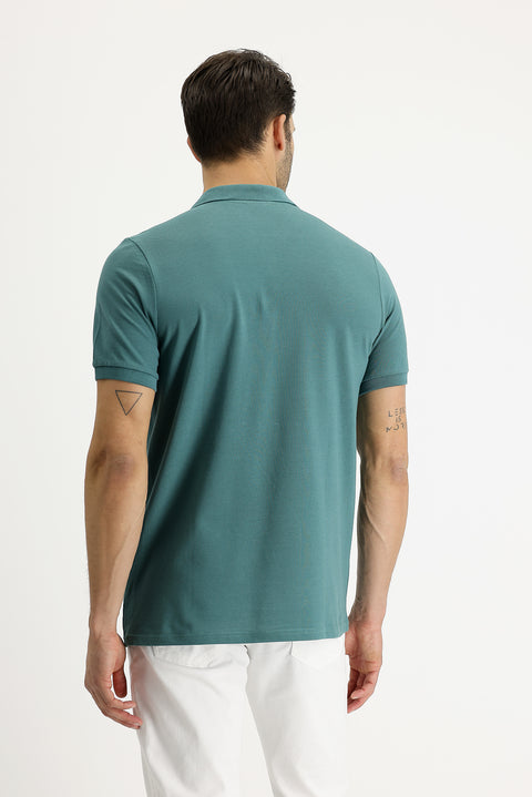Küf Yeşili Polo Yaka Regular Fit Nakışlı Pamuk Tişört