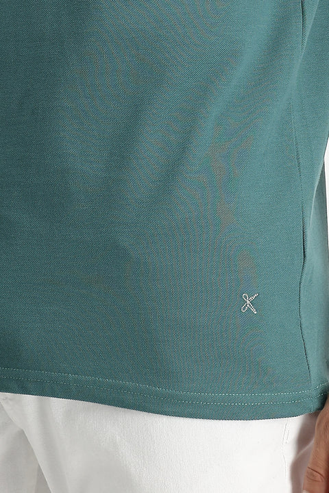 Küf Yeşili Polo Yaka Regular Fit Nakışlı Pamuk Tişört