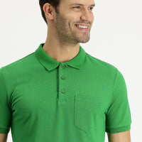 Grass Green Polo Collar Regular Fit Embroidered Cotton T-Shirt