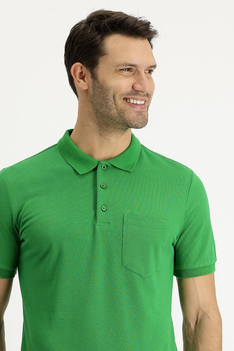 Grass Green Polo Collar Regular Fit Embroidered Cotton T-Shirt