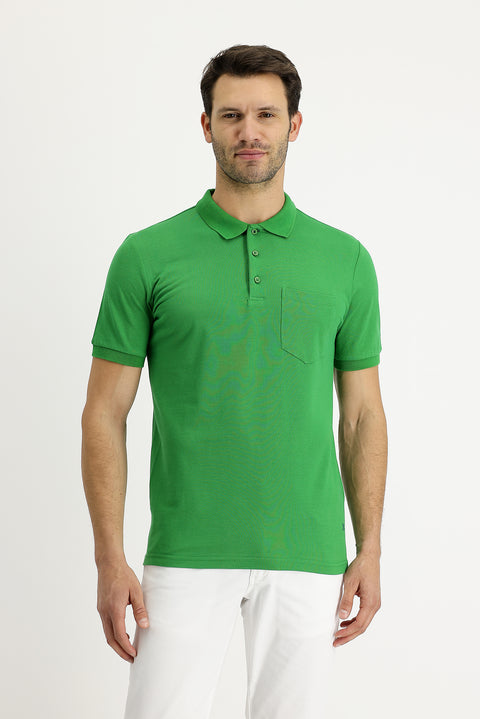 Grass Green Polo Collar Regular Fit Embroidered Cotton T-Shirt