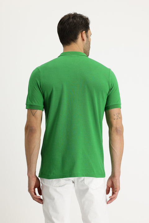 Grass Green Polo Collar Regular Fit Embroidered Cotton T-Shirt