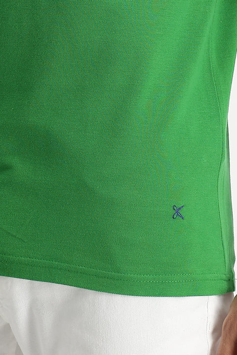 Grass Green Polo Collar Regular Fit Embroidered Cotton T-Shirt