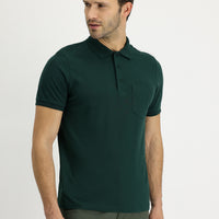 Koyu Yeşil Polo Yaka Regular Fit Nakışlı Pamuk Tişört