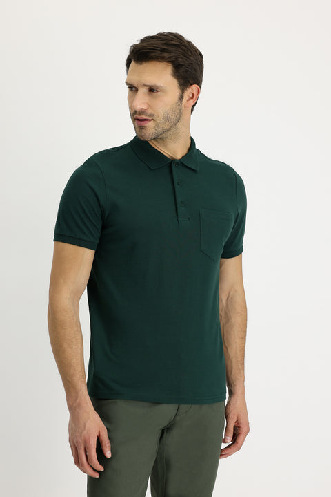 Koyu Yeşil Polo Yaka Regular Fit Nakışlı Pamuk Tişört