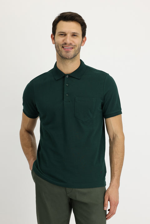 Koyu Yeşil Polo Yaka Regular Fit Nakışlı Pamuk Tişört