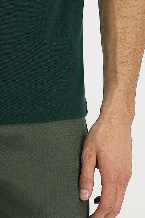 Koyu Yeşil Polo Yaka Regular Fit Nakışlı Pamuk Tişört