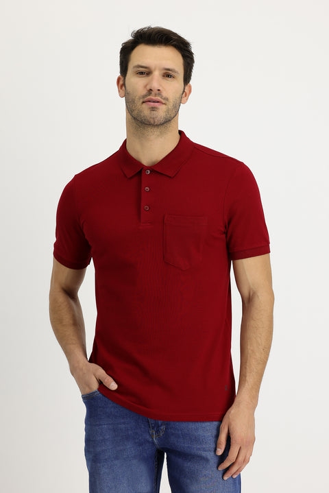 Koyu Kırmızı Polo Yaka Regular Fit Nakışlı Pamuk Tişört