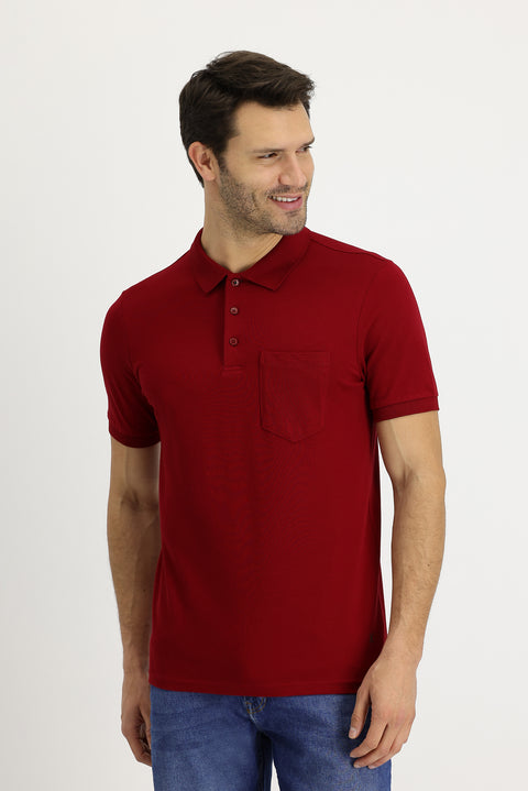 Koyu Kırmızı Polo Yaka Regular Fit Nakışlı Pamuk Tişört