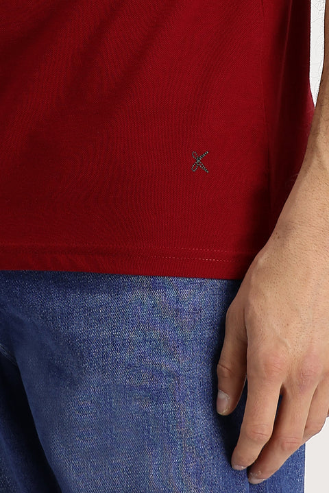 Koyu Kırmızı Polo Yaka Regular Fit Nakışlı Pamuk Tişört
