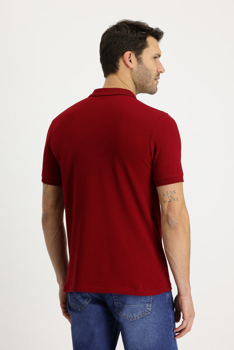 Koyu Kırmızı Polo Yaka Regular Fit Nakışlı Pamuk Tişört