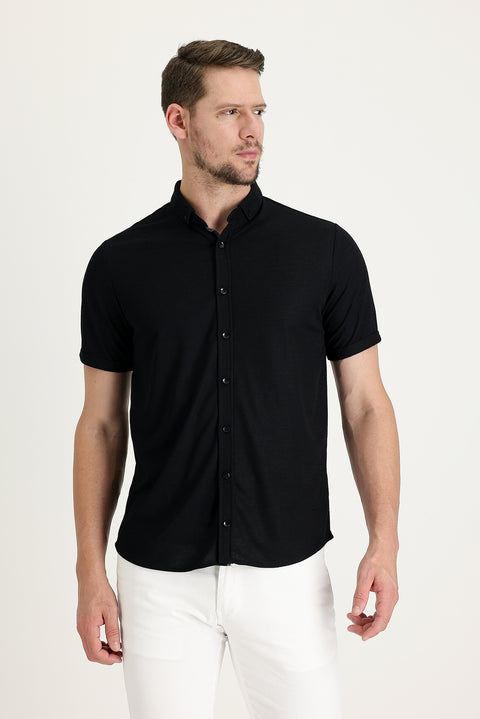 Siyah Polo Yaka Regular Fit Düğmeli Tişört