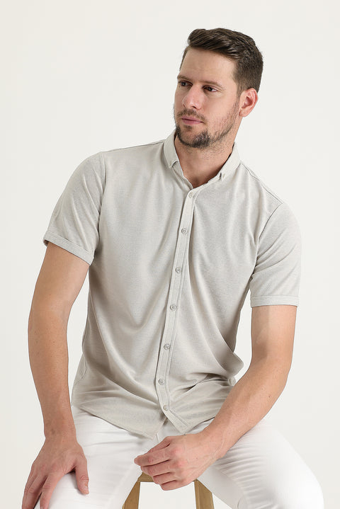 Orta Bej Polo Yaka Regular Fit Düğmeli Tişört