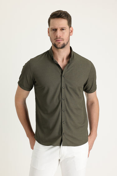Orta Haki Polo Yaka Regular Fit Düğmeli Tişört