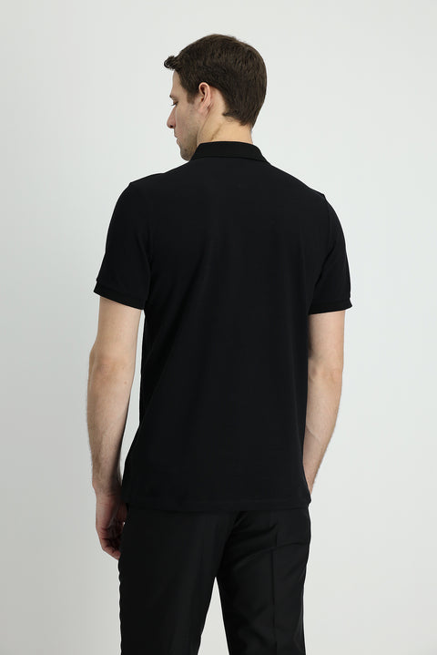 Siyah Polo Yaka Slim Fit Dar Kesim Nakışlı Pamuk Tişört