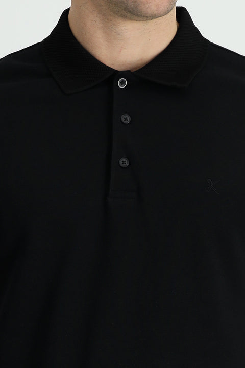 Siyah Polo Yaka Slim Fit Dar Kesim Nakışlı Pamuk Tişört
