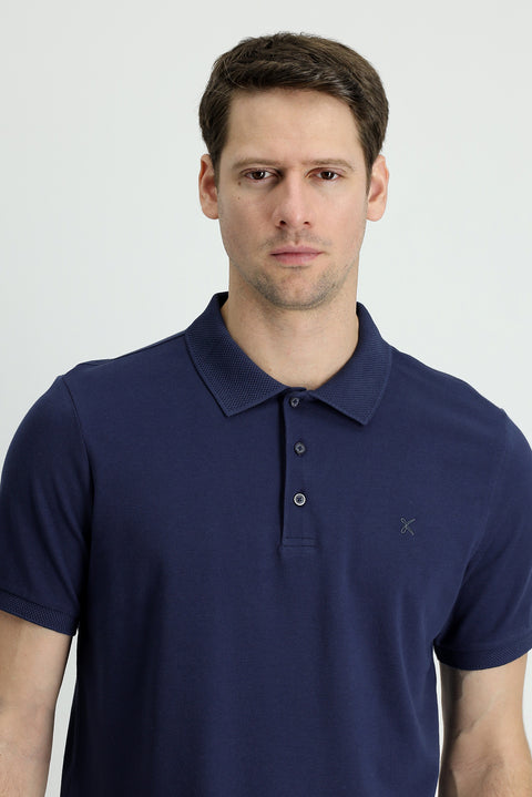 Koyu Lacivert Polo Yaka Slim Fit Dar Kesim Nakışlı Pamuk Tişört