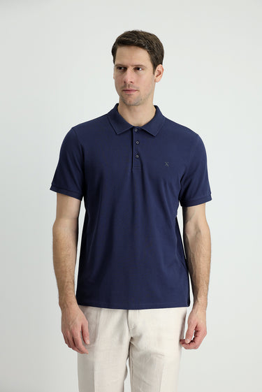 Koyu Lacivert Polo Yaka Slim Fit Dar Kesim Nakışlı Pamuk Tişört