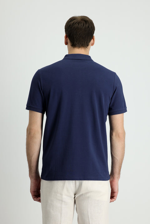 Koyu Lacivert Polo Yaka Slim Fit Dar Kesim Nakışlı Pamuk Tişört