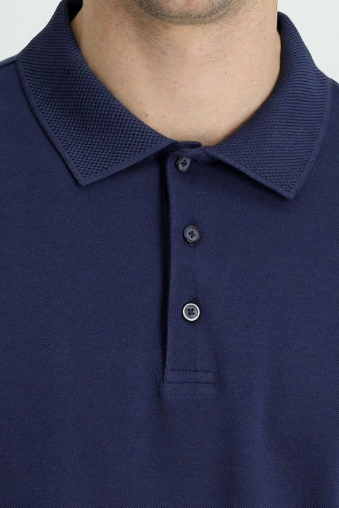 Koyu Lacivert Polo Yaka Slim Fit Dar Kesim Nakışlı Pamuk Tişört