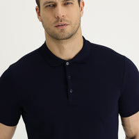 Siyah Lacivert Polo Yaka Slim Fit Dar Kesim Nakışlı Pamuk Tişört