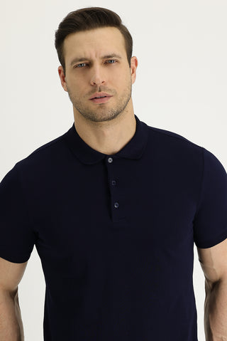  Siyah Lacivert Polo Yaka Slim Fit Dar Kesim Nakışlı Pamuk Tişört