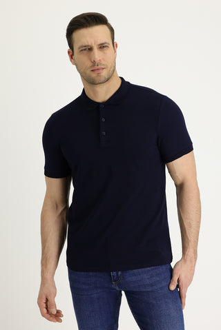  Siyah Lacivert Polo Yaka Slim Fit Dar Kesim Nakışlı Pamuk Tişört