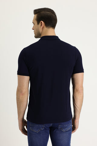  Siyah Lacivert Polo Yaka Slim Fit Dar Kesim Nakışlı Pamuk Tişört