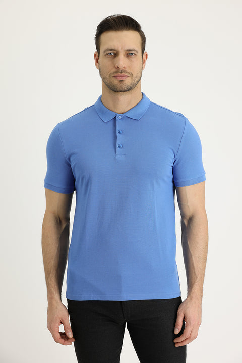 Havacı Mavi Polo Yaka Slim Fit Dar Kesim Nakışlı Pamuk Tişört