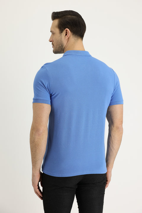 Havacı Mavi Polo Yaka Slim Fit Dar Kesim Nakışlı Pamuk Tişört