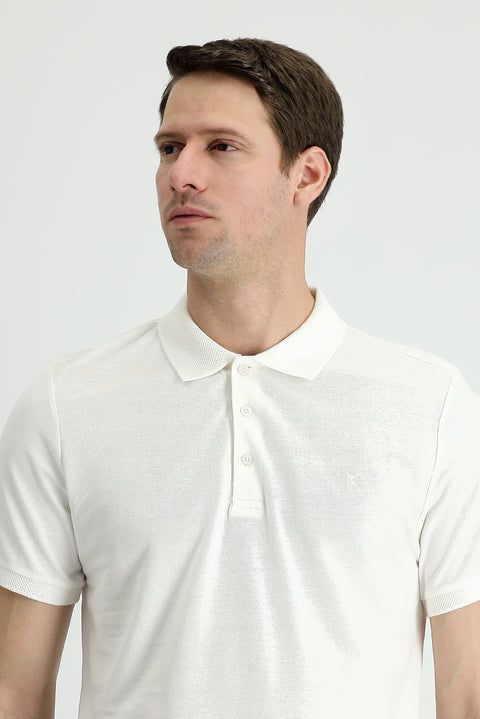 Beyaz Polo Yaka Slim Fit Dar Kesim Nakışlı Pamuk Tişört