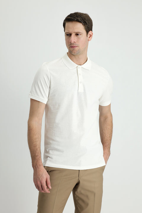 Beyaz Polo Yaka Slim Fit Dar Kesim Nakışlı Pamuk Tişört