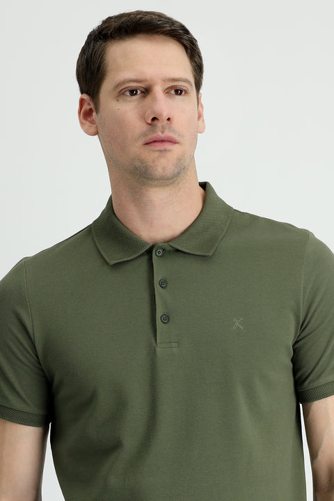 Orta Haki Polo Yaka Slim Fit Dar Kesim Nakışlı Pamuk Tişört