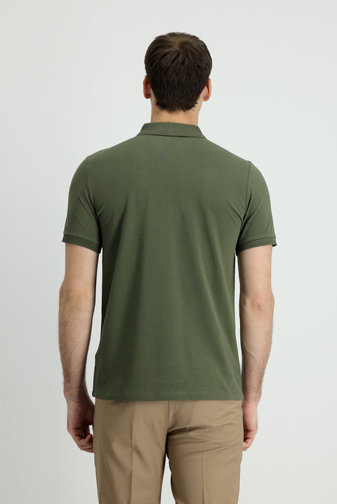 Orta Haki Polo Yaka Slim Fit Dar Kesim Nakışlı Pamuk Tişört