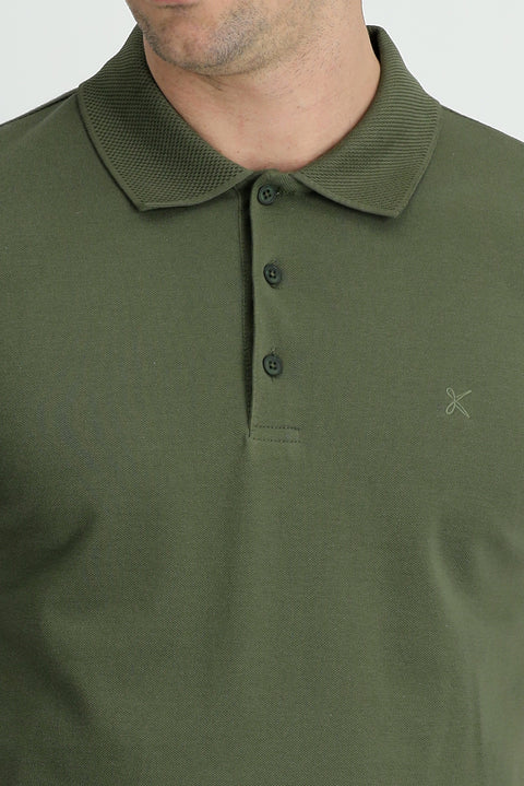 Medium Khaki Polo Collar Slim Fit Narrow Cut Embroidered Cotton T-Shirt