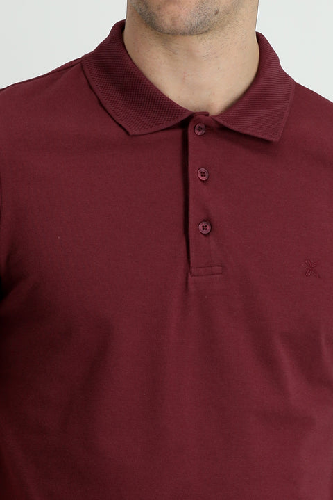 Dark Burgundy Polo Collar Slim Fit Embroidered Cotton T-Shirt