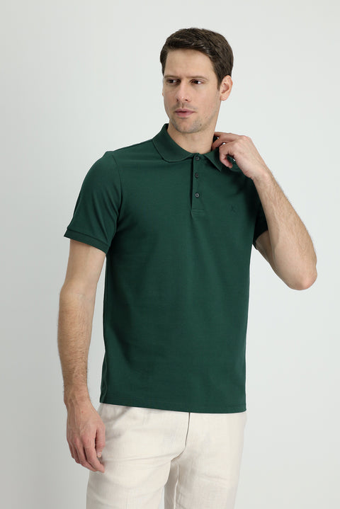Koyu Yeşil Polo Yaka Slim Fit Dar Kesim Nakışlı Pamuk Tişört